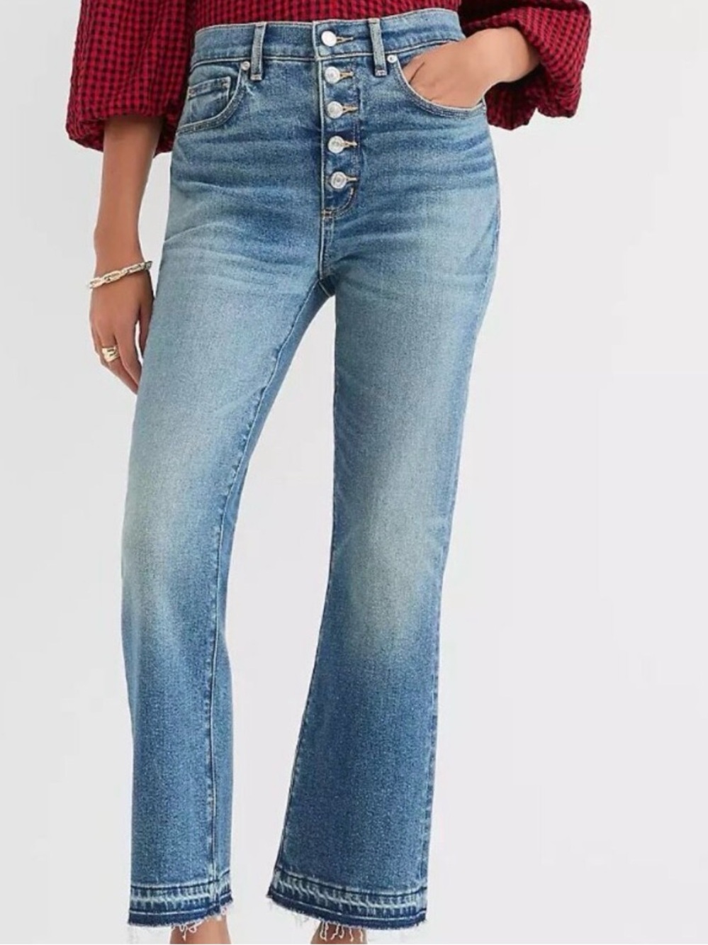 LOFT The Kick Crop High Rise Button-Fly Raw Hem Jeans 30/10
